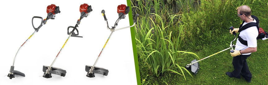 Left: 3x Honda Brushcutters Right: Brushcutter being used by model, garden location.