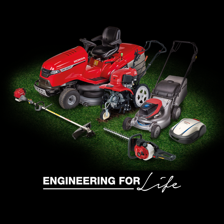 Honda tractor, Rotary Tiller, IZY lawnmower, Honda Miimo, brushcutter, and hedgetrimmer on a white background