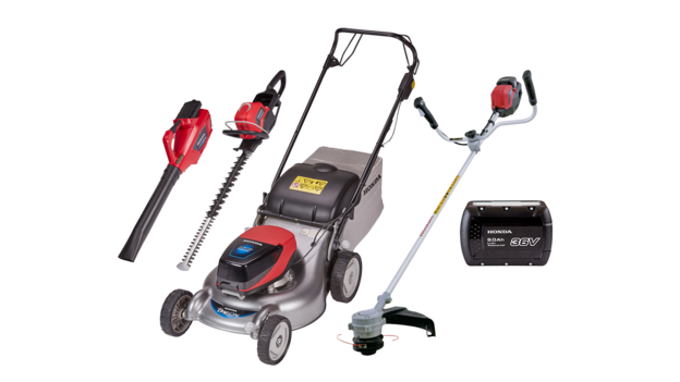 Two handheld products, one leafblower and one hedgetrimmer, side by side.