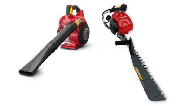Two handheld products, one leafblower and one hedgetrimmer, side by side.