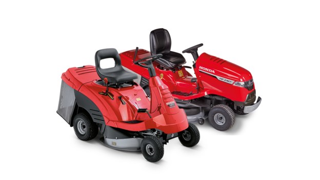 2x Honda Ride-on lawnmowers, front three quarter, right facing.
