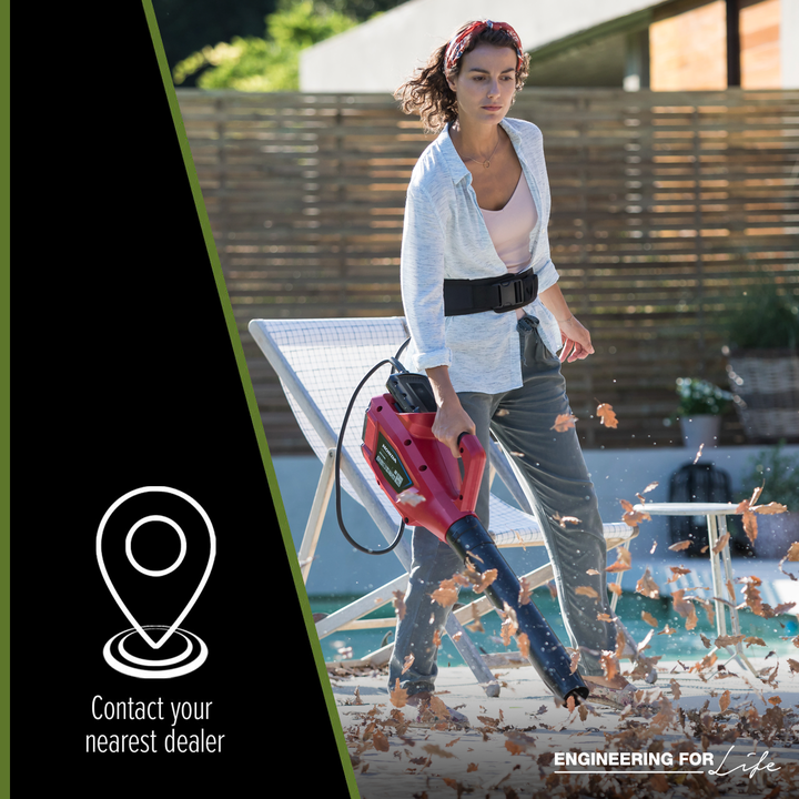 Contact a dealer logo and a woman using a Honda leaf blower