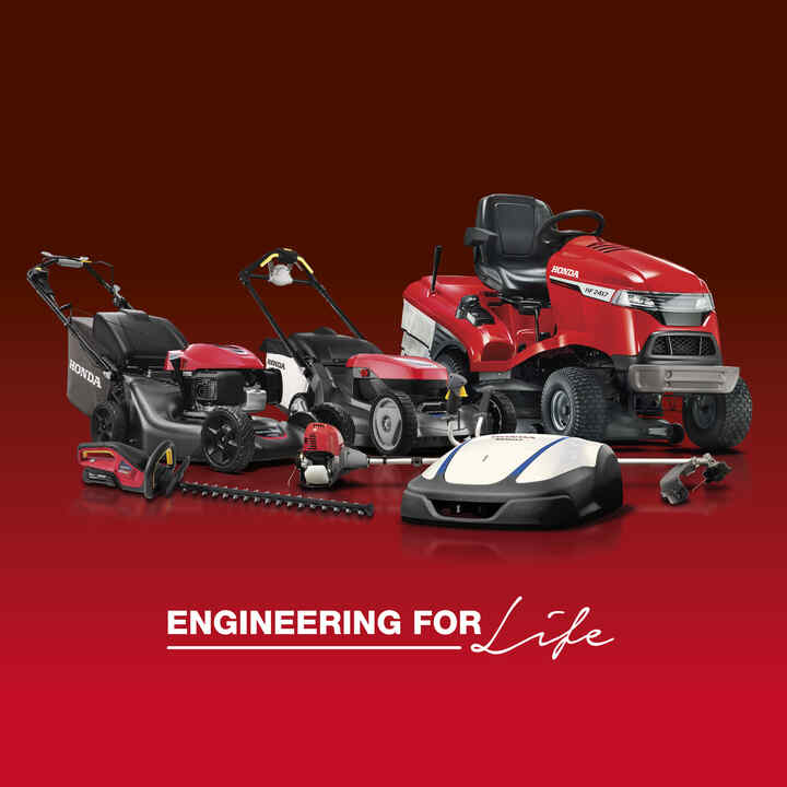 Honda garden tool range on a black and red gradient background