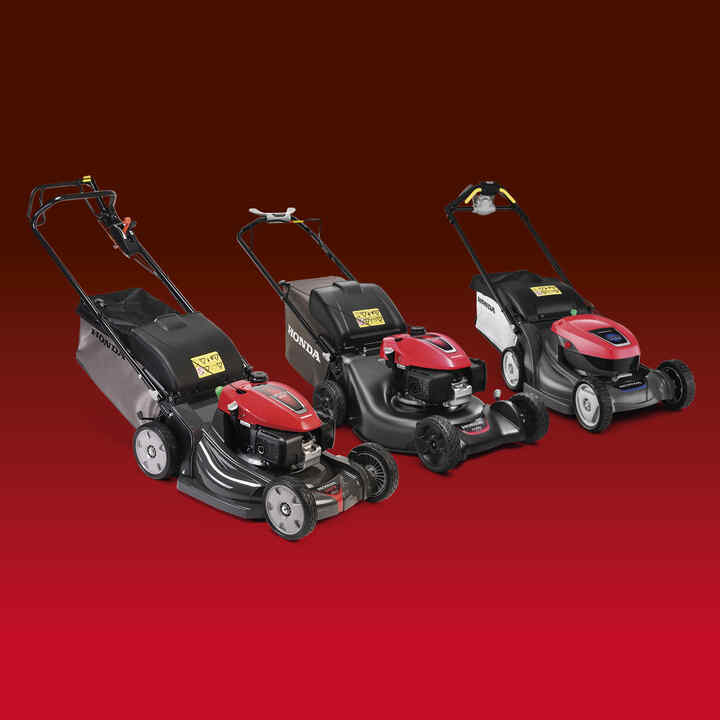 HRX lawnmower, izy-ON lawnmower, and IZY lawnmower on a red and black background