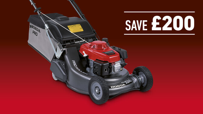 HRH lawnmower on a red and black background with save £200