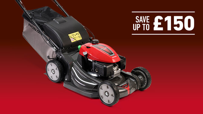 HRX lawnmower on a red and black background with save up to £150