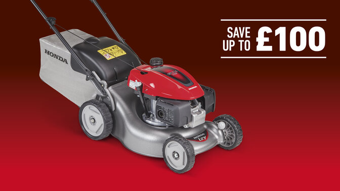 IZY lawnmower on a red and black background with save £100