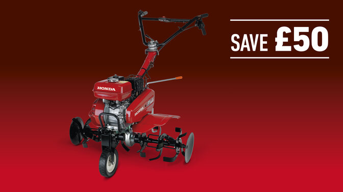 Compact Tiller on a red and black gradient background with Save £50