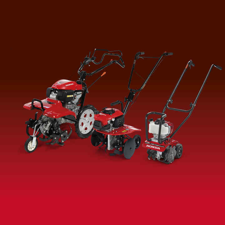 Compact Tiller, Rotary Tiller, and Micro Tiller in soil on a dark background