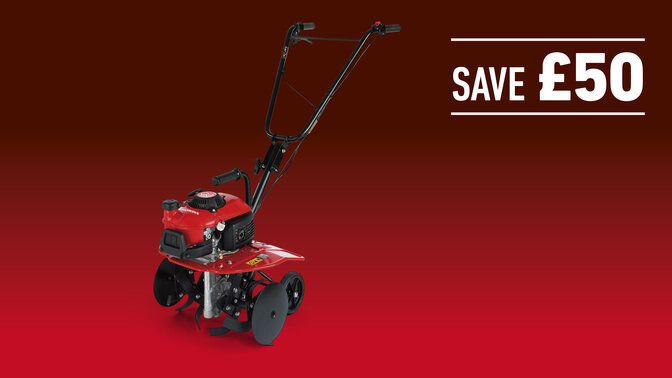 Mini Tiller on a red and black gradient background with Save £50